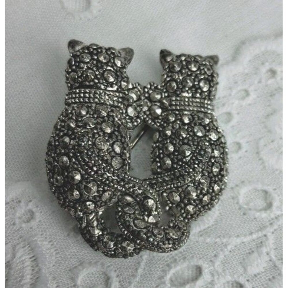 Vintage Silvertone & Faux Marcasite Rhinestone 2 Kitty Cat Pin Brooch 1.5"